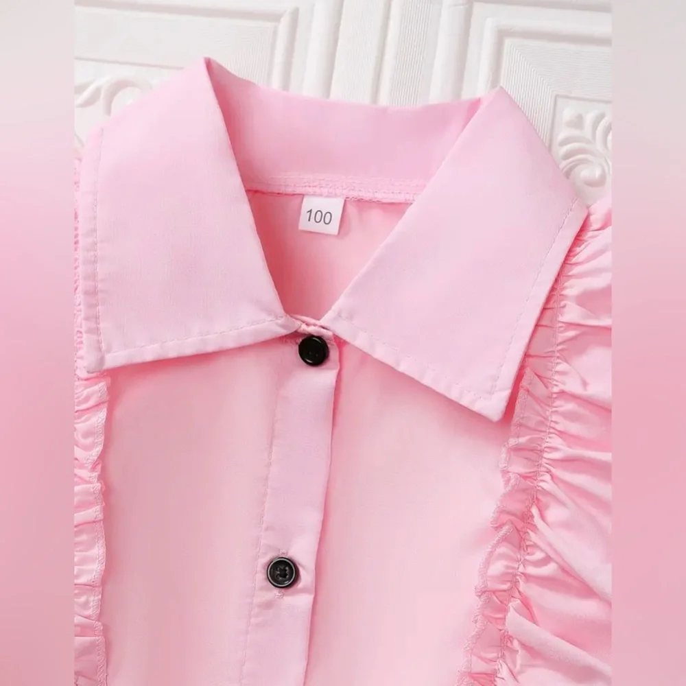 Toddler Girls Short Sleeve Ruffle Trim Button Casual Denim Spliced Shirt Dress